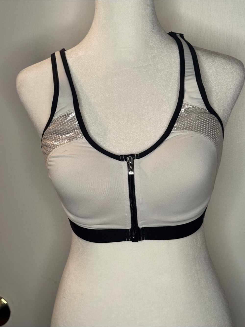 Victoria’s Secret Front-Zip Sports Bra in Light Beige and Black